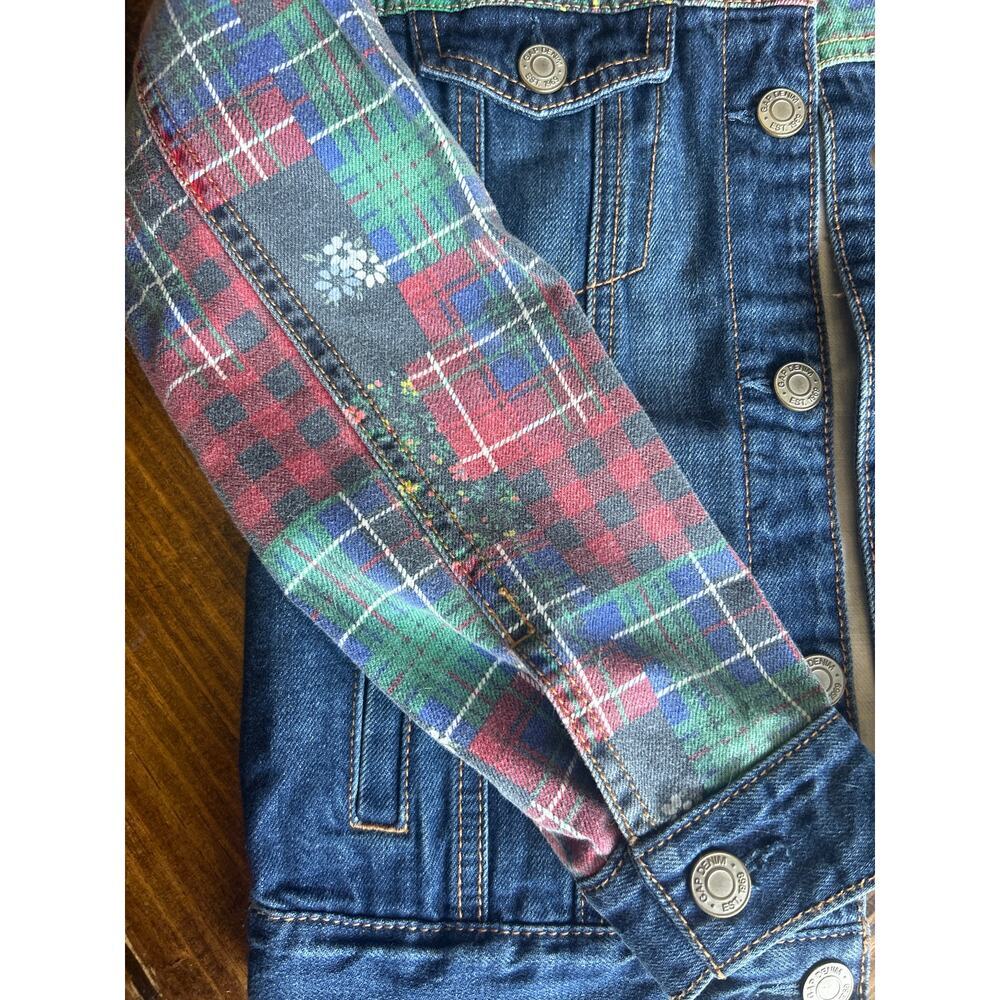 GAP Girls Patchwork Denim Jacket Floral Plaid Jean Coat Size Medium - Picture 3 of 9